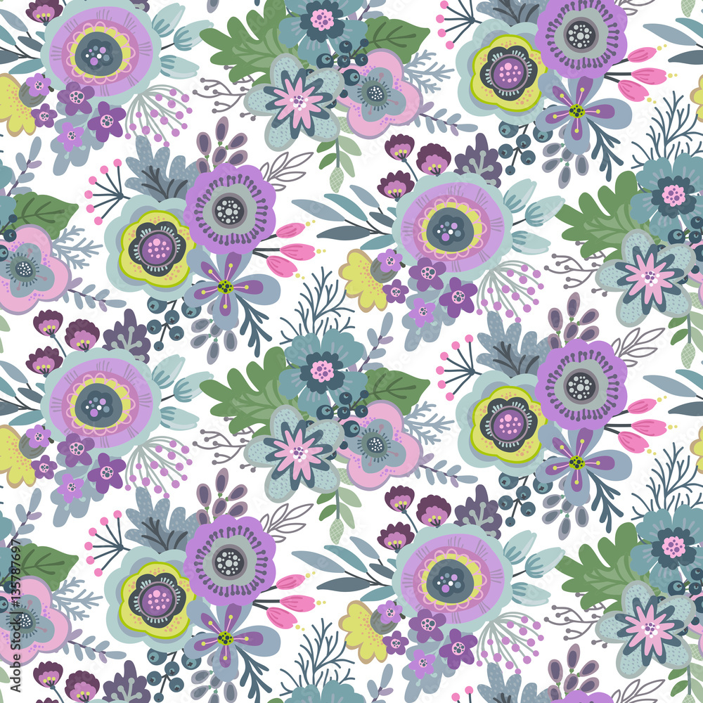 Vector seamless pattern with bouquets of flowers, leaves, branches and berries. Vector seamless pattern with bouquets of flowers, leaves, branches and berries.