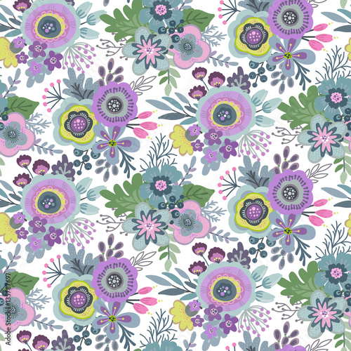Fototapeta Naklejka Na Ścianę i Meble -  Vector seamless pattern with bouquets of flowers, leaves, branches and berries.