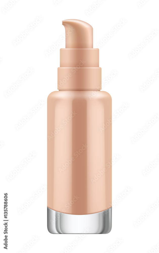 3D realistic transparent bottle with pump for foundation cream. Mock-up of glass container with dispenser. Blank template of packaging for cosmetic product. Vector illustration isolated on white 3D realistic transparent bottle with pump for foundation cream. Mock-up of glass container with dispenser. Blank template of packaging for cosmetic product. Vector illustration isolated on white