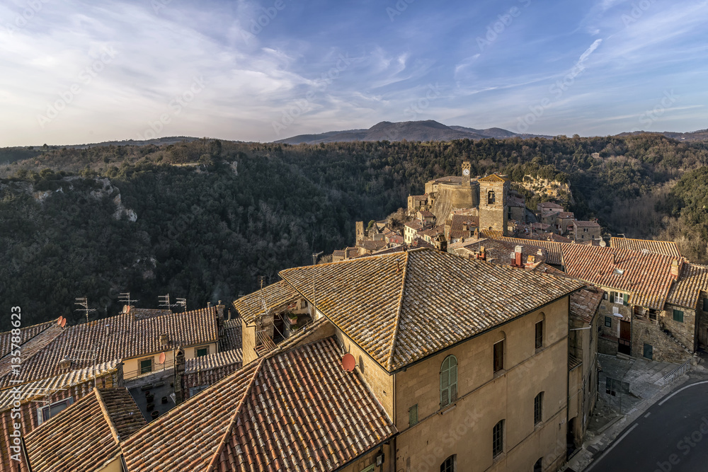 Superb view of the historic center and the Masso Leopoldino di Sorano from the Orsini Fortress, Grosseto, Tuscany, Italy