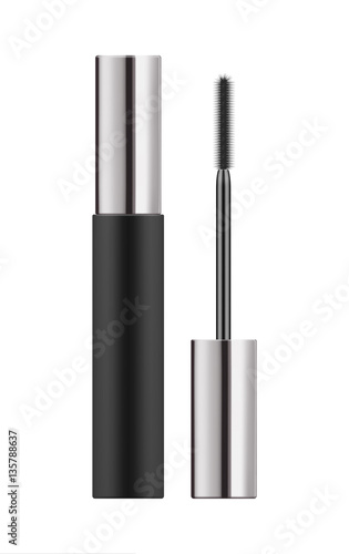 Realistic black and silver metallic tube with mascara and brush. 3d package. Container of cosmetic product for eye beauty. Vector illustration isolated on white background.