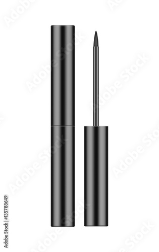 Realistic black bottle with liquid eyeliner and brush. 3d package. Container of cosmetic product for makeup and beauty eyes. Vector illustration isolated on white background.