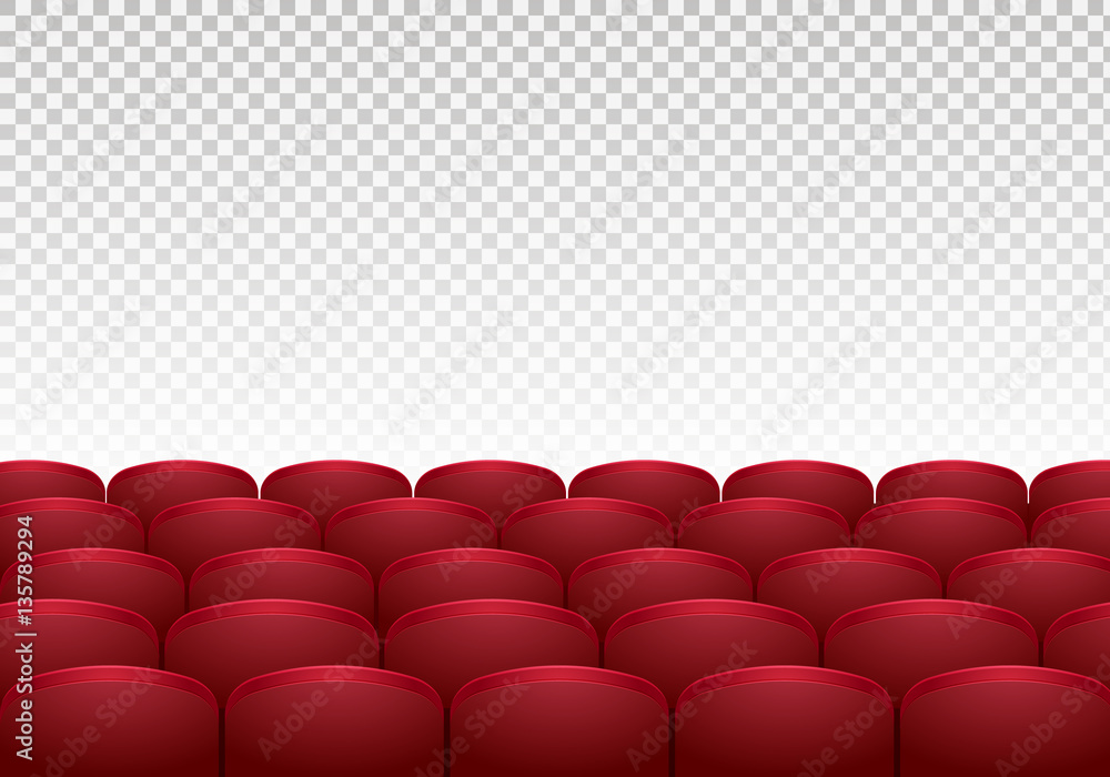 Fototapeta premium Rows of red cinema or theater seats isolated on background. Realistic vector illustration.