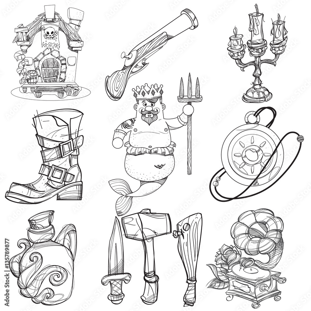 Set illustrations with pirate attributes. Various items Medieval Pirates. Cartoon drawing for gaming mobile applications. Illustration for coloring. Stock Vector | Adobe Stock Set illustrations with pirate attributes. Various items Medieval Pirates. Cartoon drawing for gaming mobile applications. Illustration for coloring. Stock Vector | Adobe Stock