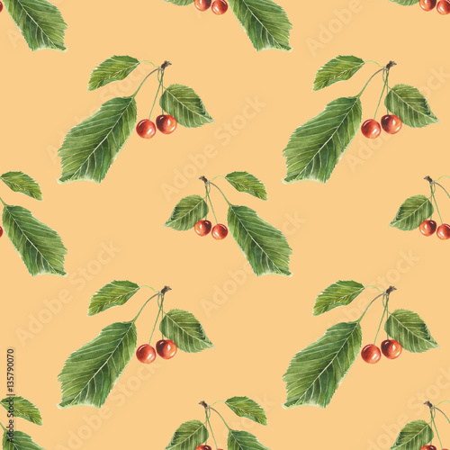 Berries and leaves cherry on orange background. Watercolor hand made. Seamless colorful pattern © Shanserika