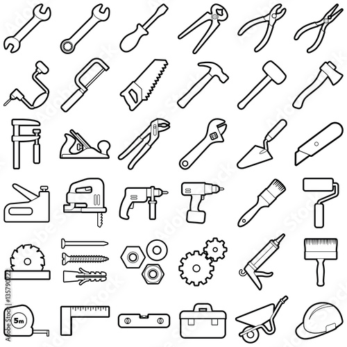 Construction tool icon collection - outline illustration