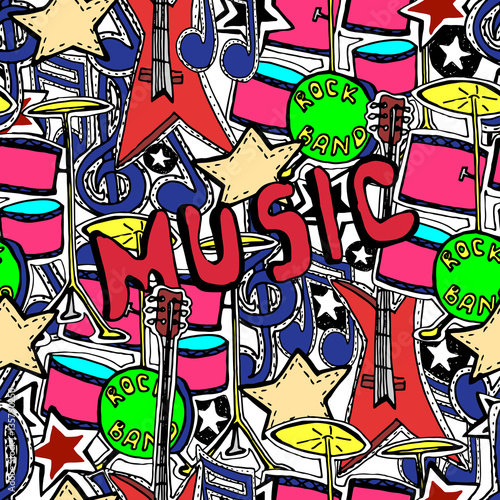 Vector seamless pattern. Rock n roll symbols, music, drums, guit © TrishaMcmillan