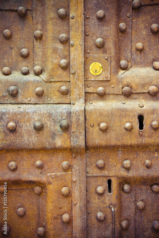 Old closed metal door - Security and protection concept - toned image