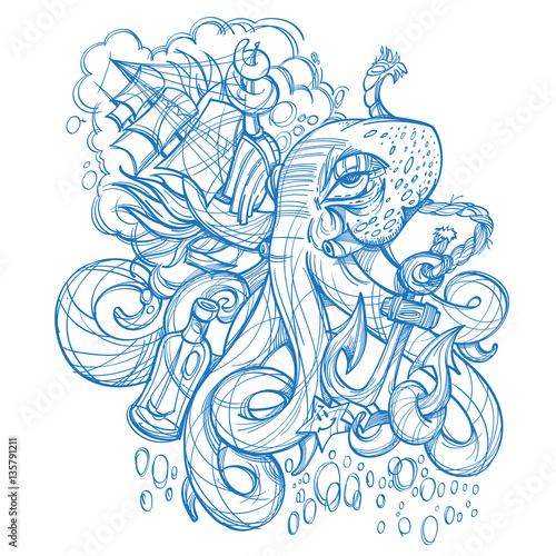 Octopus, a ship and a frigate anchored outline sketch of a tattoo. Monochrome illustration for design t-shirts and other items. Sea monster sticker. Illustration for coloring.