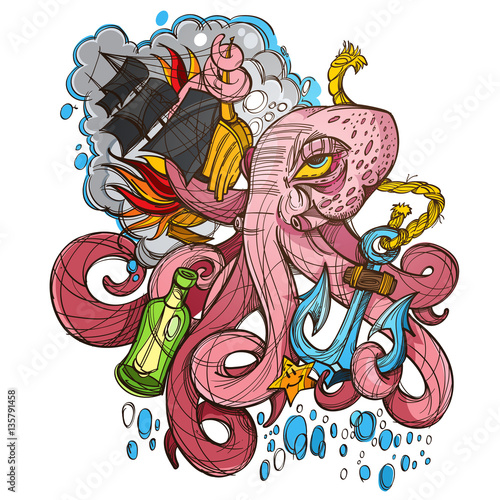 Octopus, a ship and a frigate anchored sketch of a tattoo. Illustration for design t-shirts and other items. Sea monster sticker.