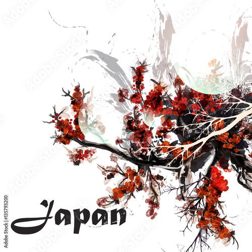 Abstract background with watercolor painted cherry tree branches in Japan style