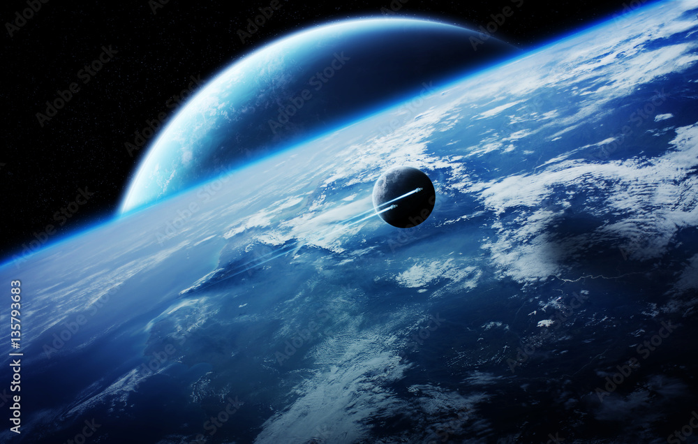 Naklejka premium Sunrise over distant planet system in space 3D rendering element