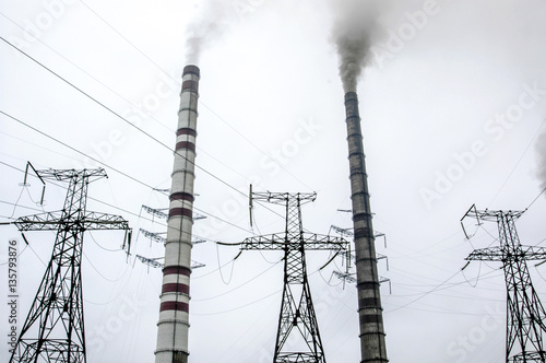 Smoke stacks, high tension poles, Ukraine, Western Ukraine photo