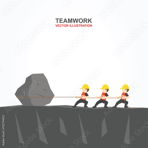 Men and their leader help each other to pull the rock. Teamwork concept.