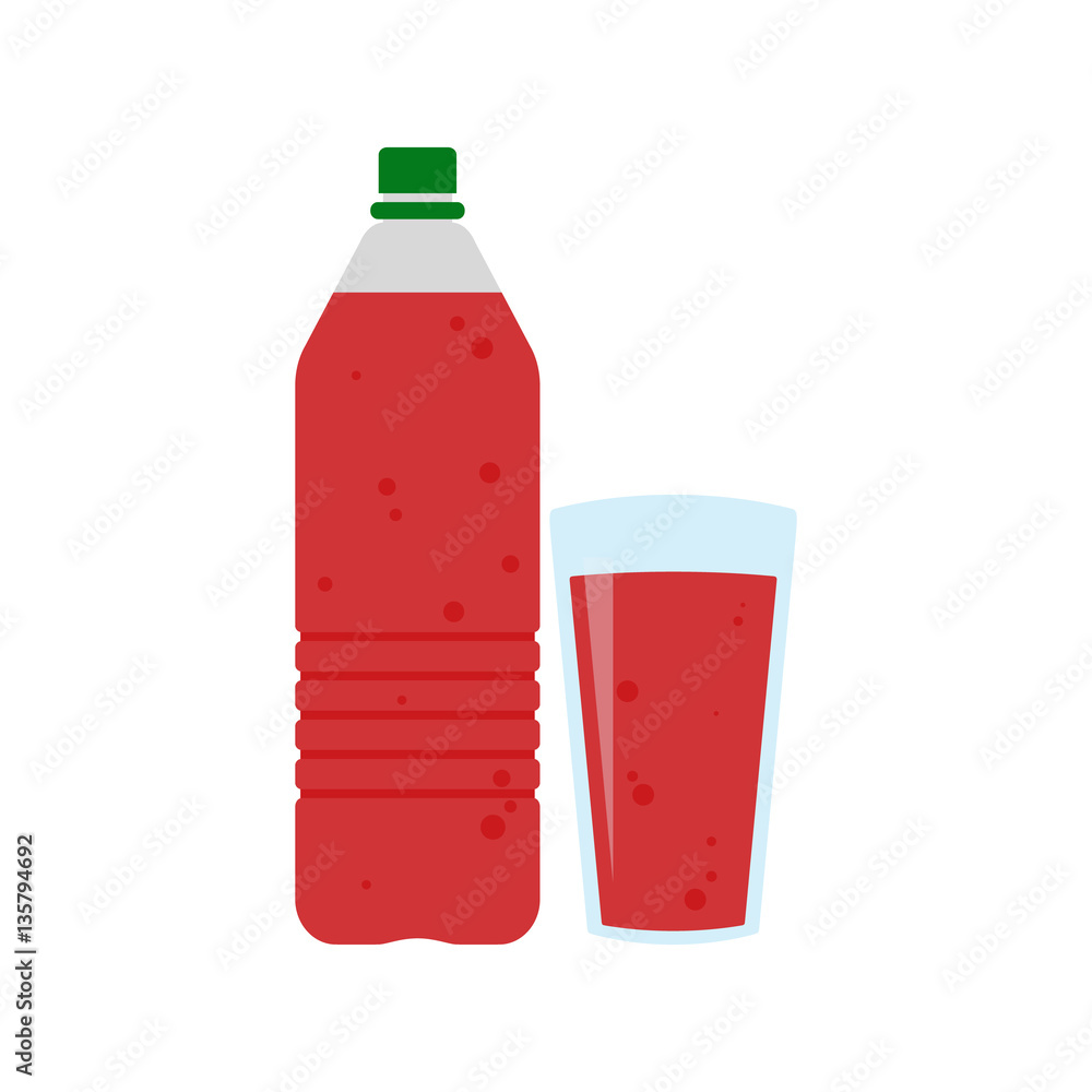 Plastic bottle with red cherry fruit juice and glass of juice or lemonade. Flat web icon. Vector illustration Plastic bottle with red cherry fruit juice and glass of juice or lemonade. Flat web icon. Vector illustration