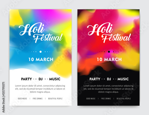 Creative Flyer, Banner or Pamphlet design for Indian Festival of Colours, Happy Holi celebration. Set. Light and dark.