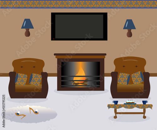 A living room with a coffee table.Lamps on the wall. Two armchairs witn colored decorative pillows. Сarpets. Sexy cute slippers with high heels. Flat screen TV.Fireplace. Vector illustration. 
