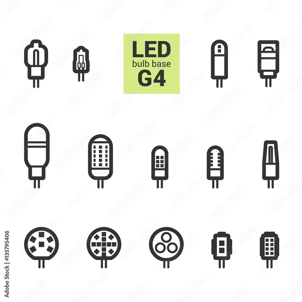 LED light bulbs with G4 base, vector outline icon set on white background LED light bulbs with G4 base, vector outline icon set on white background