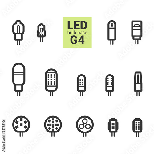 LED light bulbs with G4 base, vector outline icon set on white background