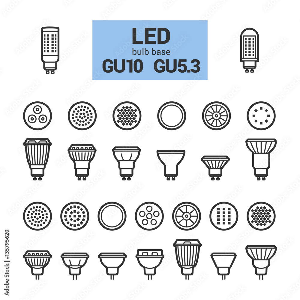 LED light bulbs with GU10 and GU5.3 base, vector outline icon set on white  background Stock Vector | Adobe Stock