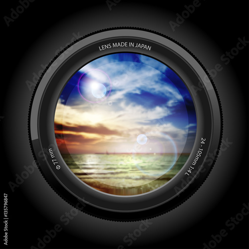 sunset on the beach view of the lens. Illustration vector.