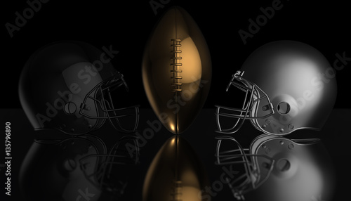 American football black and gray helmets and gold trophy ball on black dark background, 3d render