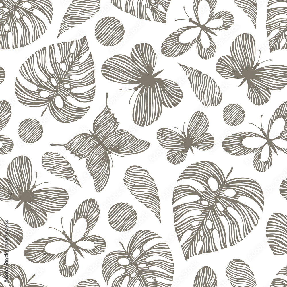 Seamless pattern with exotic leaves and butterflies. 