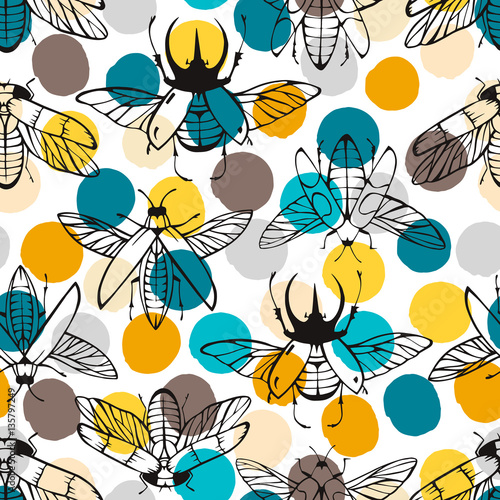 Seamless pattern with hand drawn beetles.