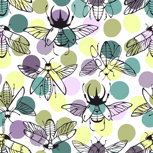 Seamless pattern with hand drawn beetles on a polka dot background.