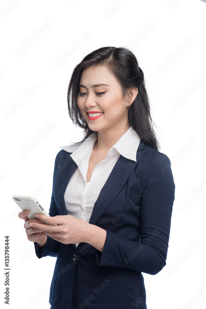 Asian businesswoman using smartphone to send message. Asian businesswoman using smartphone to send message.