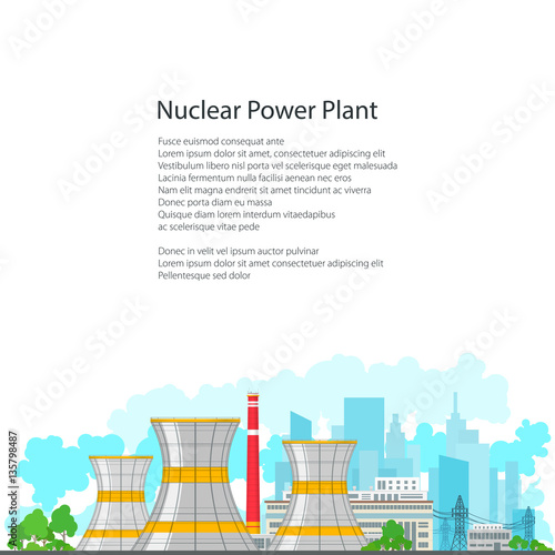 Nuclear Power Plant on the Background of the City , Thermal Station on White Background, Nuclear Reactor and Power Lines, Poster Brochure Flyer Design, Vector Illustration