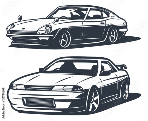 Japanese drift cars, monochrome isolate vector