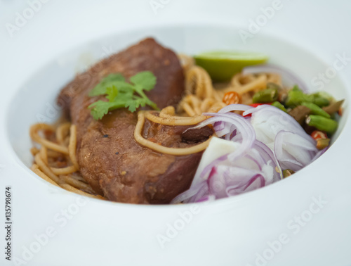 Stir Fried Meat and Spaghetti with Shrimp Paste. Thai style for