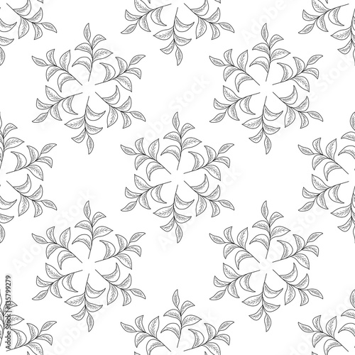 Mandala green tea leaf illustration  branch organic hand drawing sketch  seamless pattern