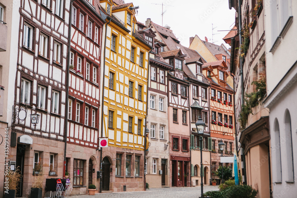 Traditional house in the German style in Nuremberg. European architecture houses in Bavaria, Germany.  