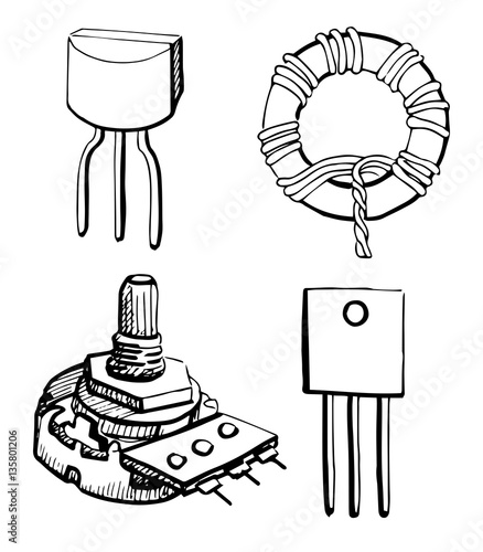 Set Electronic components: potentiometer, transistor, inductor isolated on white background. Vector illustration in a sketch style.