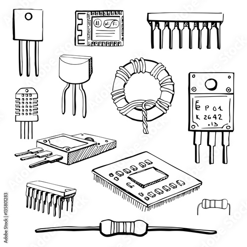 Set of electronic components: transistor, inductor, microchip, sensor, wi-fi module, cpu, resistor, microprocessor isolated on white background. Vector illustration in a sketch style.