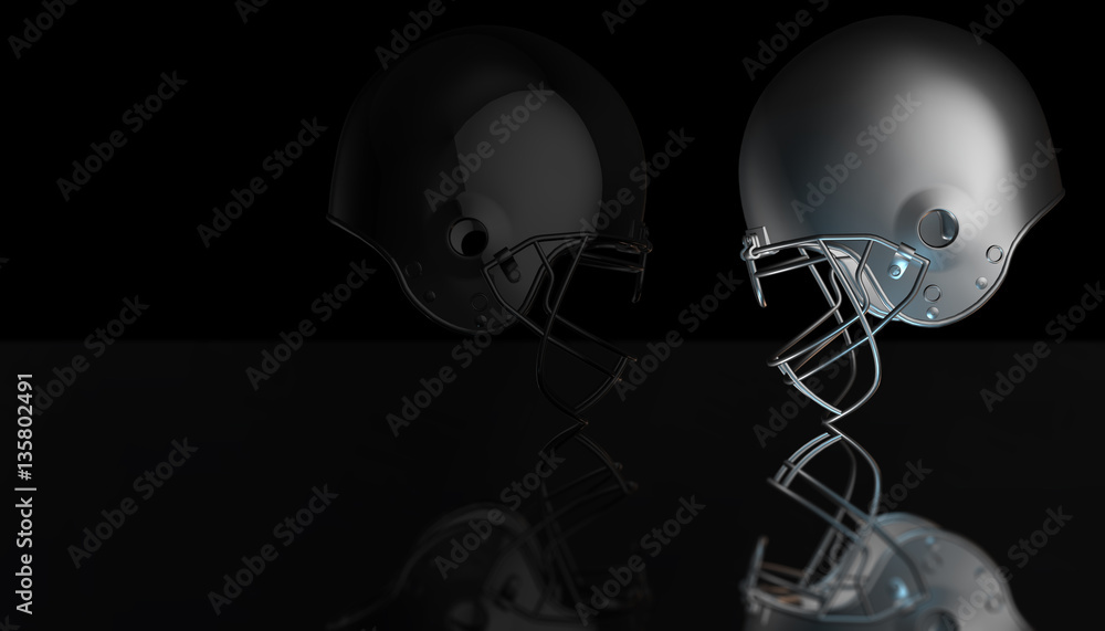 Fototapeta premium American football black and gray helmets on black dark background, 3d render