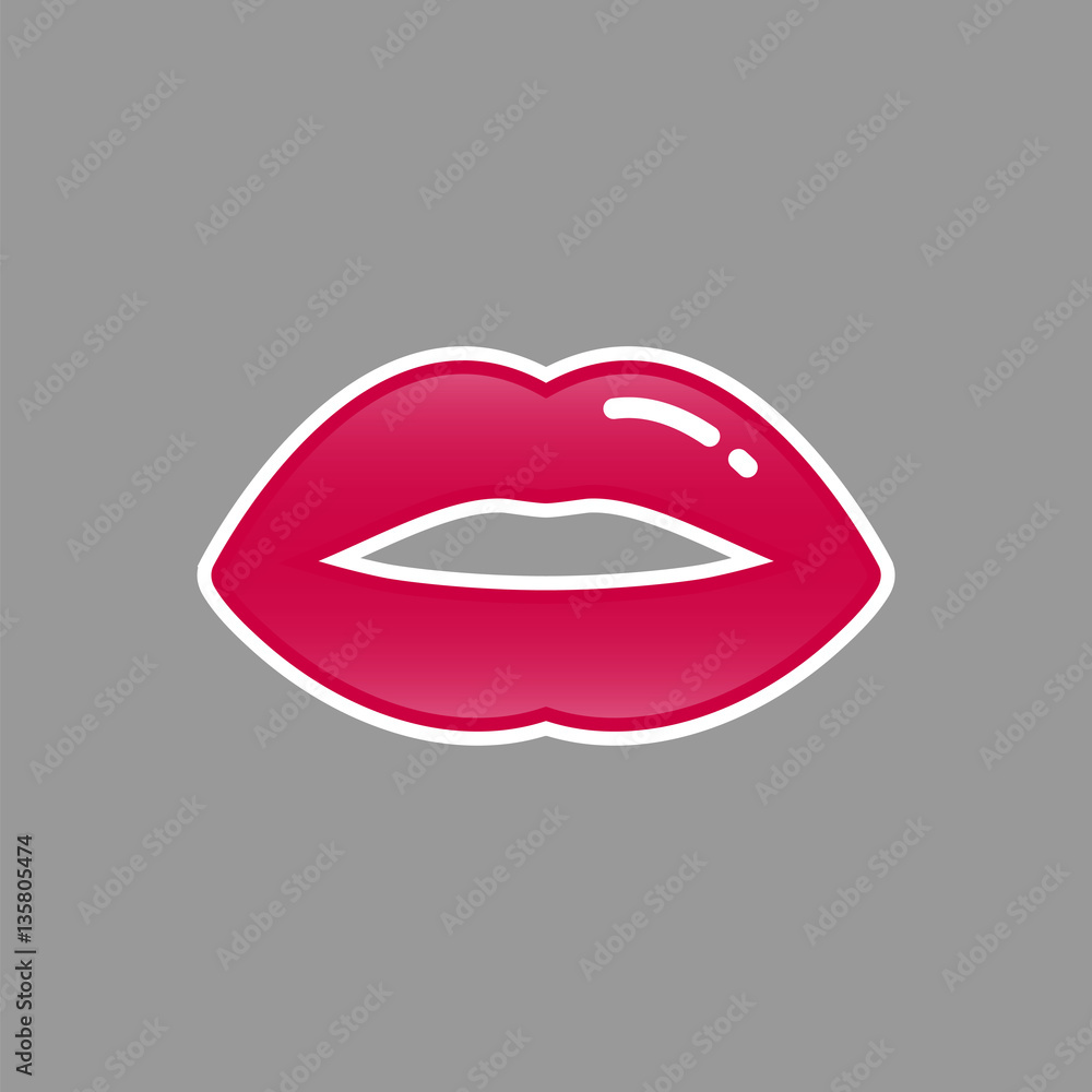 Fashion patch badge with lips and white stroke in cartoon 80s-90s comic style, vector.