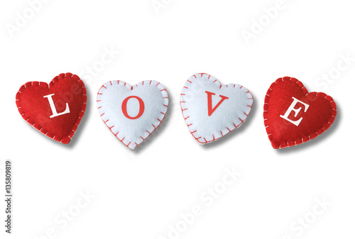 Heart Shapes saying Love in red and white on white background