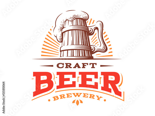 Wooden beer mug logo- vector illustration, emblem brewery design on white background