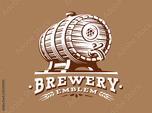 Wooden beer barrel logo - vector illustration, emblem brewery design on brown background
