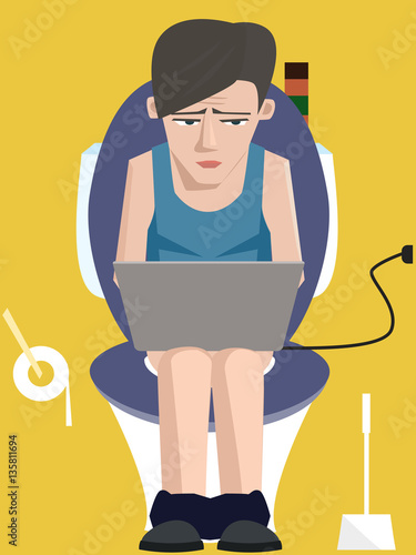 man sitting on toilet with laptop, hard worker vector cartoon