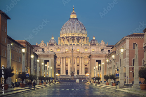 St. Peters Basilica (Basilica di San Pietro) in Vatican City in the morning before sunrise, Rome, Italy, Europe, vintage filtered style