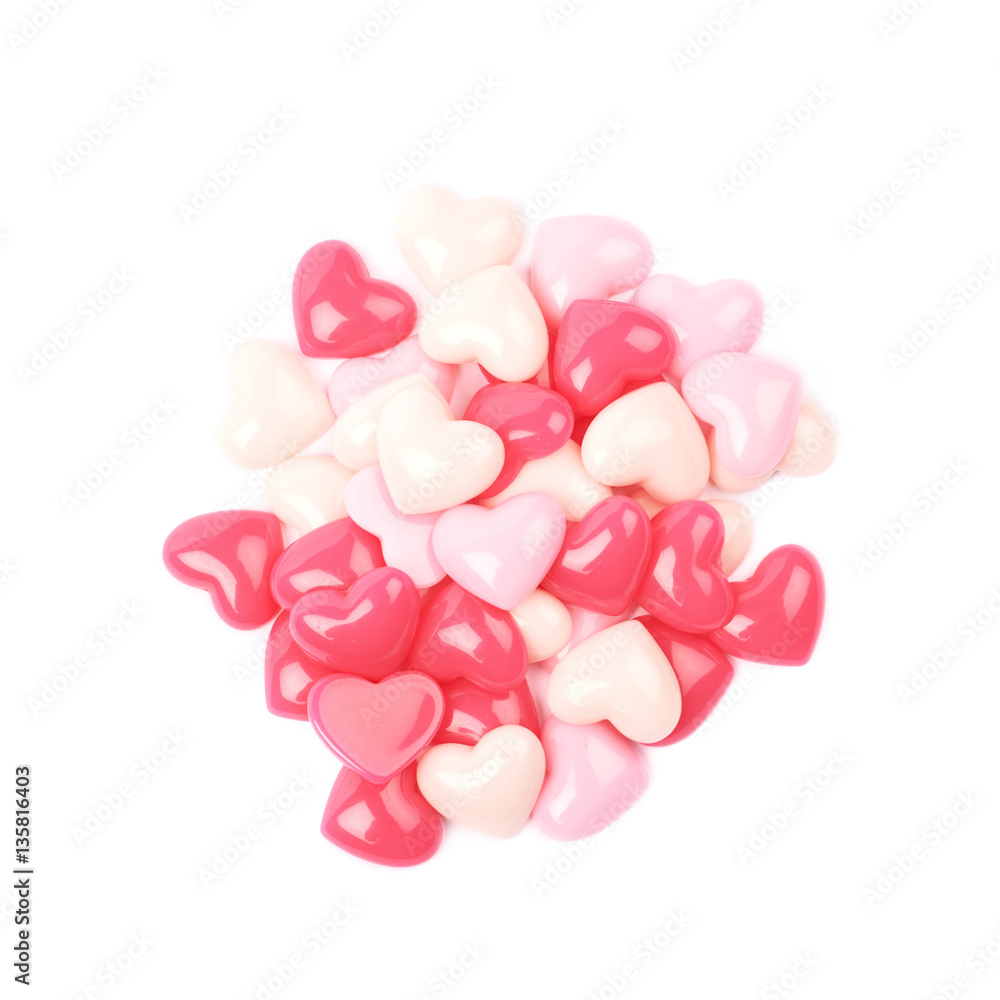 Pile of heart shaped beads isolated