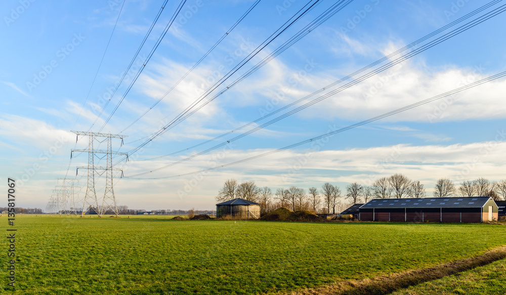 Row of power pylons in a Dutch rural landscape