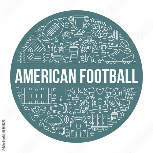 American football banner with line icons of ball, field, player, whistle, helmet and other sport equipment. Vector circle illustration for football championship poster.