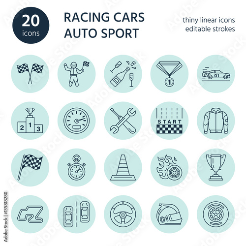 Car racing vector line icons. Speed auto championship signs - track, automobile, racer, helmet, checkers flags, steering wheel. Linear pictogram set with editable stroke for sport event, fan store.