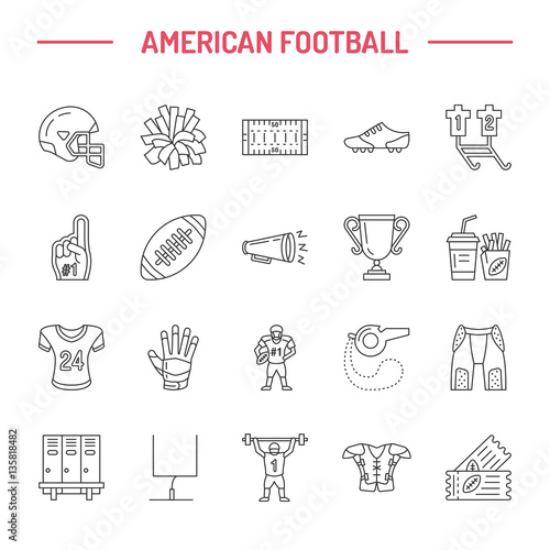 Vector line icons of american football game. Elements - ball, field, player, helmet, bullhorn. Linear signs set, football championship pictogram with editable stroke for sport event, fan store