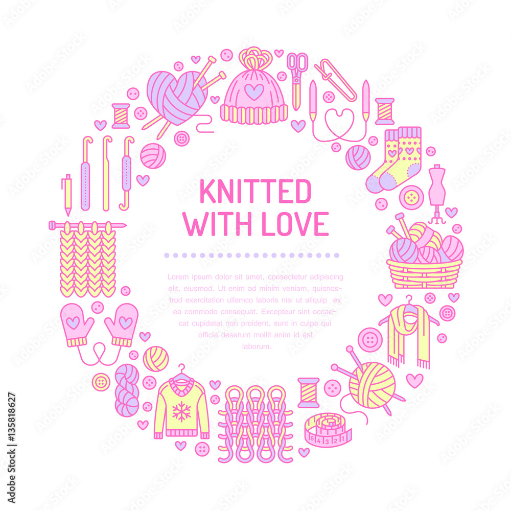 Knitting, crochet, hand made banner illustration. Vector line icon knitting needle, hook, scarf, socks, pattern, wool skeins and other DIY equipment. Yarn or tailor store template with place for text.